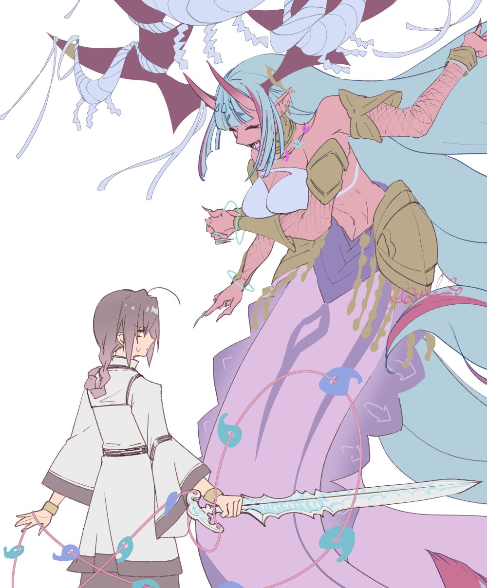 1girl, 1other, ahoge, androgynous, arm_guards, armlet, black_hair, blue_hair