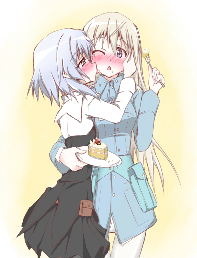 2girls, bad_id, bad_pixiv_id, blonde_hair, blue_eyes, blush, cake, couple