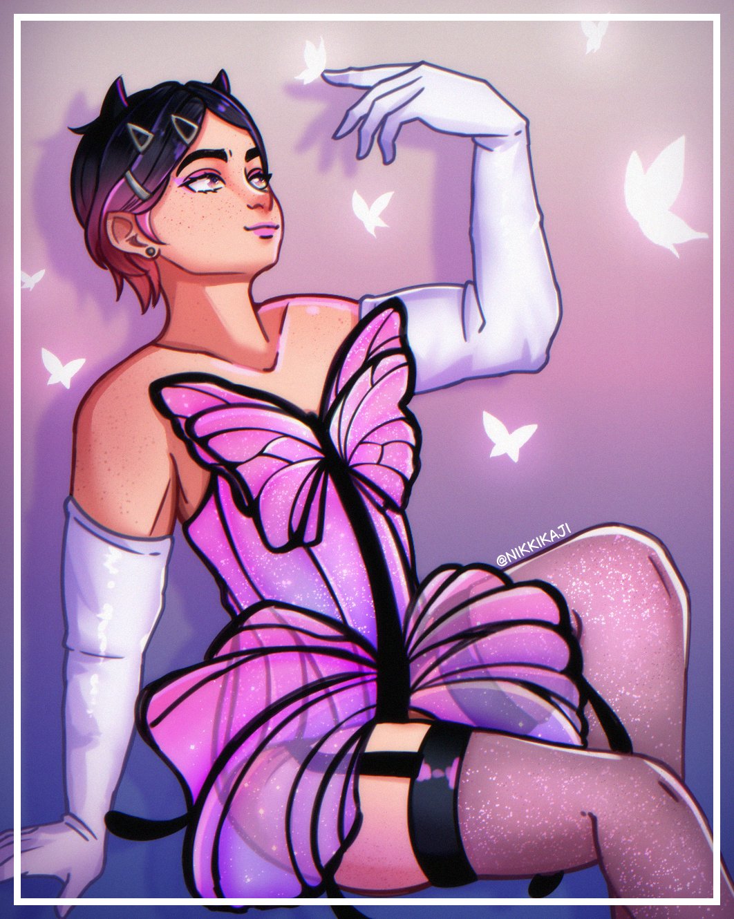 1girl, bare_shoulders, border, bug, butterfly, clove_(valorant), commentary, corset