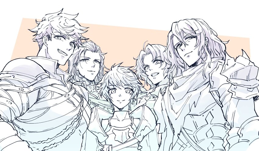 5boys, armor, asakura_404, cape, gran_(granblue_fantasy), granblue_fantasy, highres, lancelot_(granblue_fantasy), long_hair, looking_at_viewer, male_focus, multiple_boys, percival_(granblue_fantasy), short_hair, siegfried_(granblue_fantasy), smile, torn_cape, torn_clothes, vane_(granblue_fantasy)