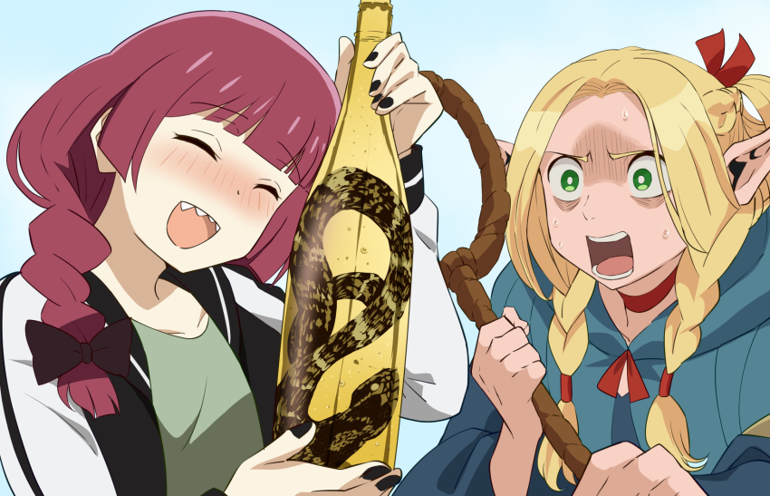 2girls, alcohol, blonde_hair, blue_robe, bocchi_the_rock!, braid, closed_eyes, collarbone, crossover, dress, dungeon_meshi, green_dress, highres, hiroi_kikuri, jacket, marcille_donato, multiple_girls, pointy_ears, purple_hair, que415, robe, senbongi_sayaka, snake, staff, voice_actor_connection