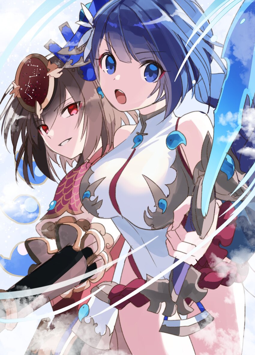 2girls, bare_shoulders, black_hair, blue_eyes, blue_hair, breasts, detached_sleeves, hair_ornament