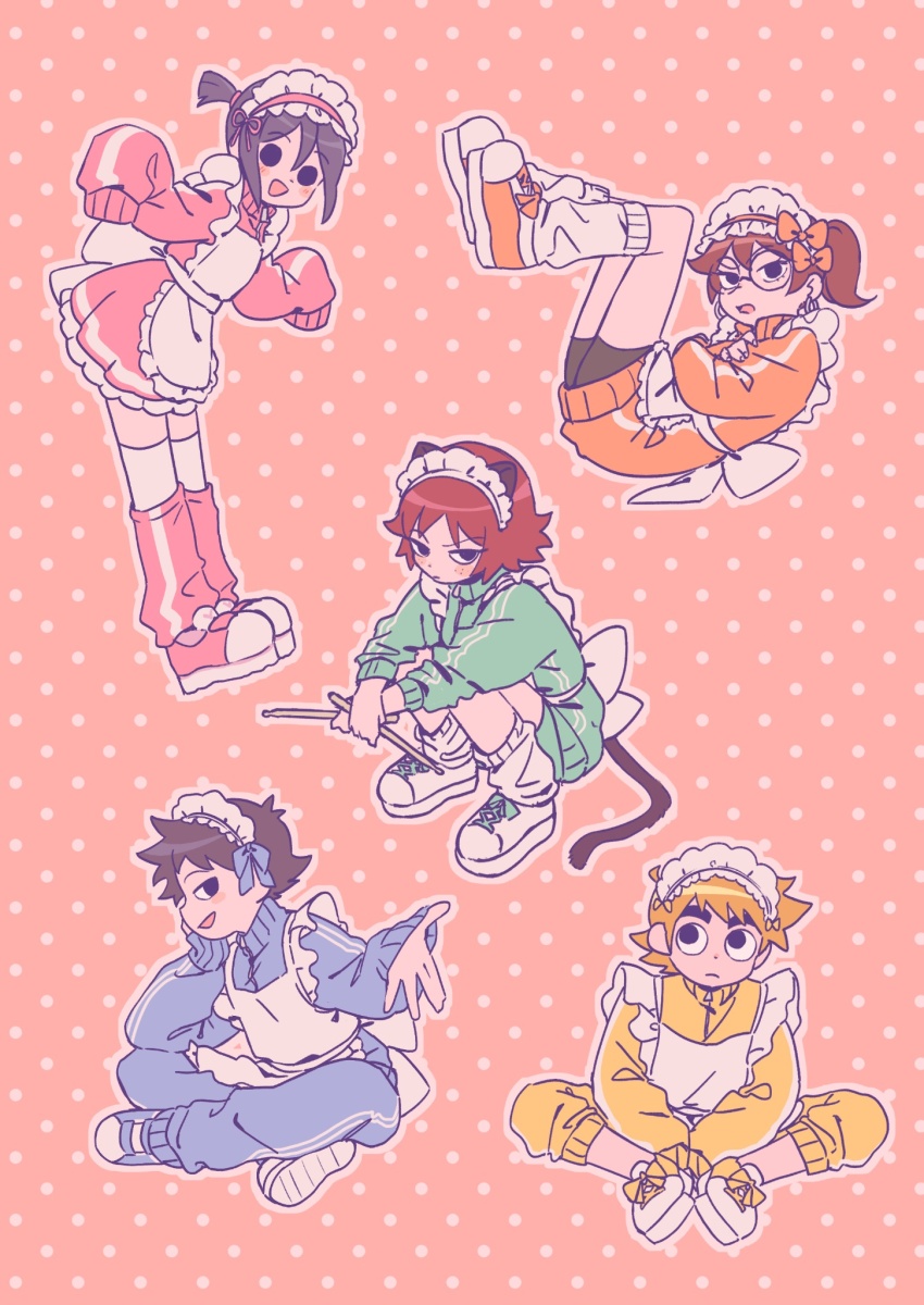 2boys, 3girls, alternate_costume, apron, bespectacled, black_hair, brown_hair, commentary