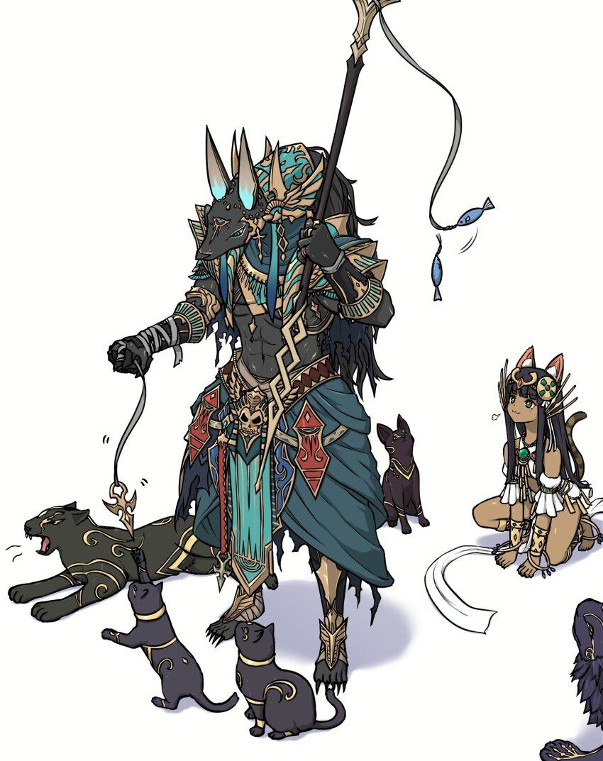 1boy, 1girl, ancient_egyptian_clothes, animal_ears, ankle_lace-up, anklet, anubis_(p&amp;d), barefoot, bastet_(p&amp;d), black_hair, bracer, cat, cat_ears, cat_tail, dark-skinned_female, dark_skin, green_eyes, headdress, headpiece, highres, jackal, jackal_ears, jewelry, long_hair, monster_boy, puzzle_&amp;_dragons, smile, tail, tento_(te_nnto22)