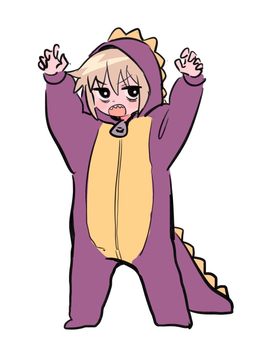 1girl, alternate_costume, arms_up, bags_under_eyes, black_eyes, blonde_hair, commentary, dinosaur_costume