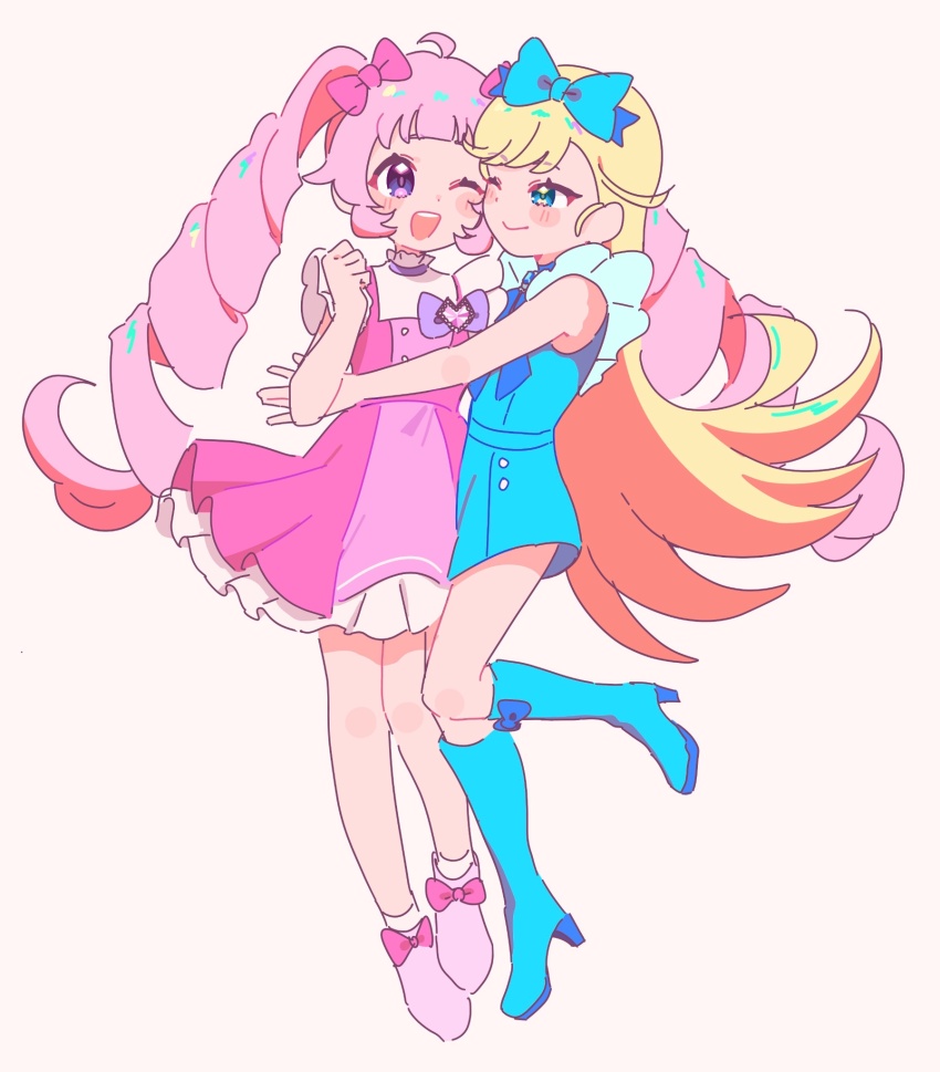 2girls, aozora_himari, blonde_hair, blue_eyes, blush, boots, bow, commentary_request