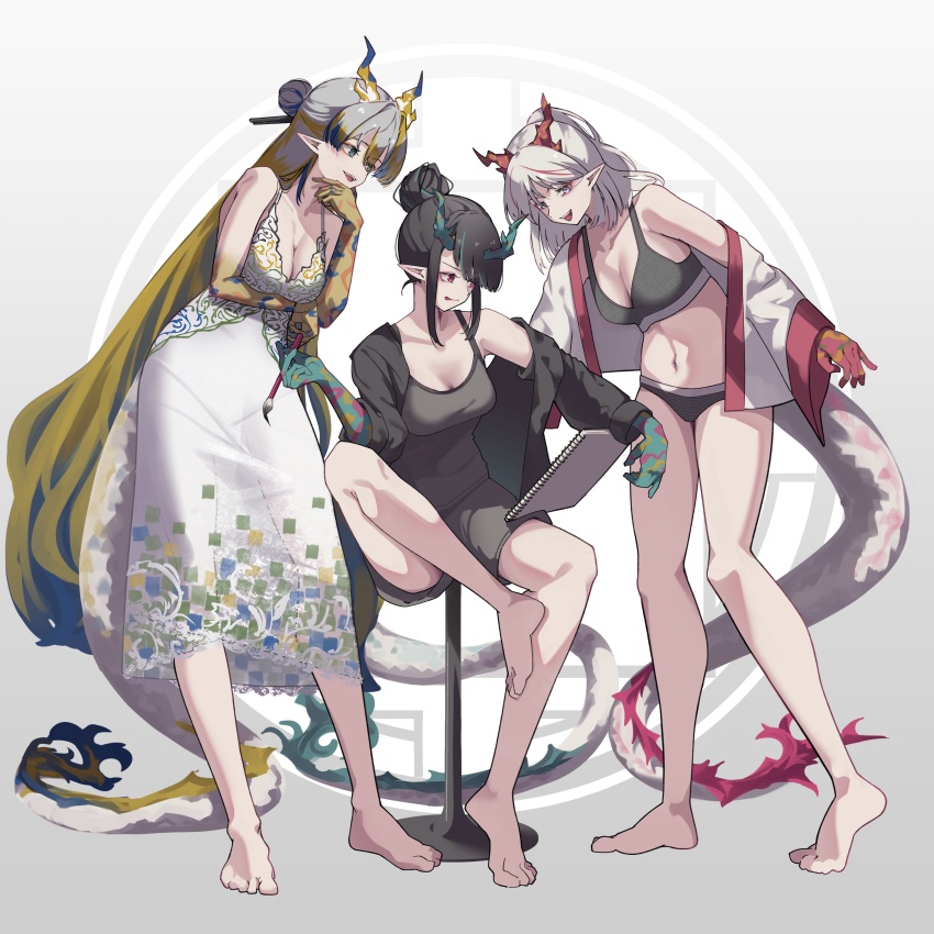 3girls, absurdres, alternate_hairstyle, arknights, barefoot, black_hair, black_jacket, black_shorts