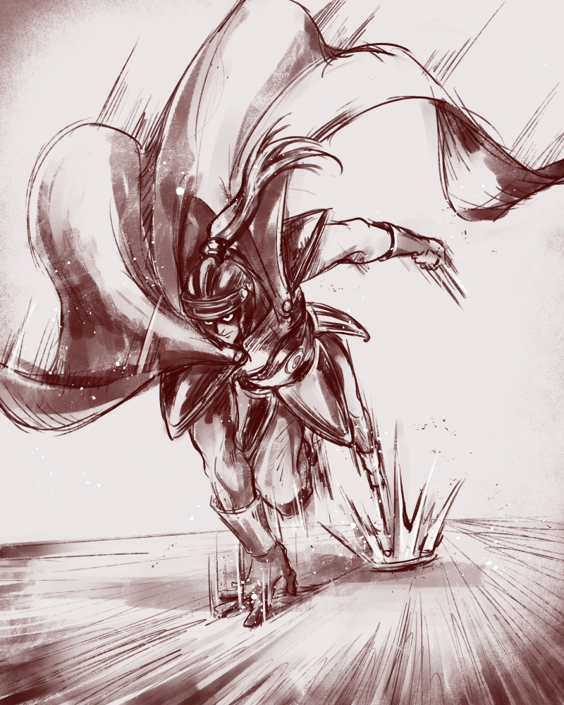 1980s_(style), 1boy, armor, commentary_request, dedeto, dragon_quest, dragon_quest_i, floating_cape, gloves, greyscale, helmet, hero_(dq1), leg_up, male_focus, monochrome, motion_lines, muscular, muscular_male, oldschool, partial_commentary, partially_shaded_face, sketch, solo, speed_lines