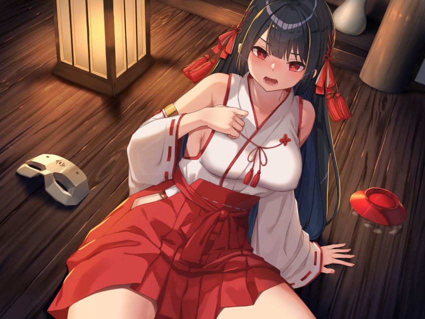 1girl, akino_komichi, arm_support, black_hair, blunt_bangs, blush, breasts, collarbone, covered_erect_nipples, cup, detached_sleeves, fallen_(jkjoke), hair_ornament, hakama, highres, japanese_clothes, kimono, lantern, long_hair, looking_at_viewer, lower_teeth_only, mask, medium_breasts, miko, night, non-web_source, on_floor, open_mouth, original, pleated_skirt, red_eyes, red_hakama, red_skirt, sakazuki, sidelocks, skirt, solo, teeth, unworn_mask, white_kimono, wooden_floor