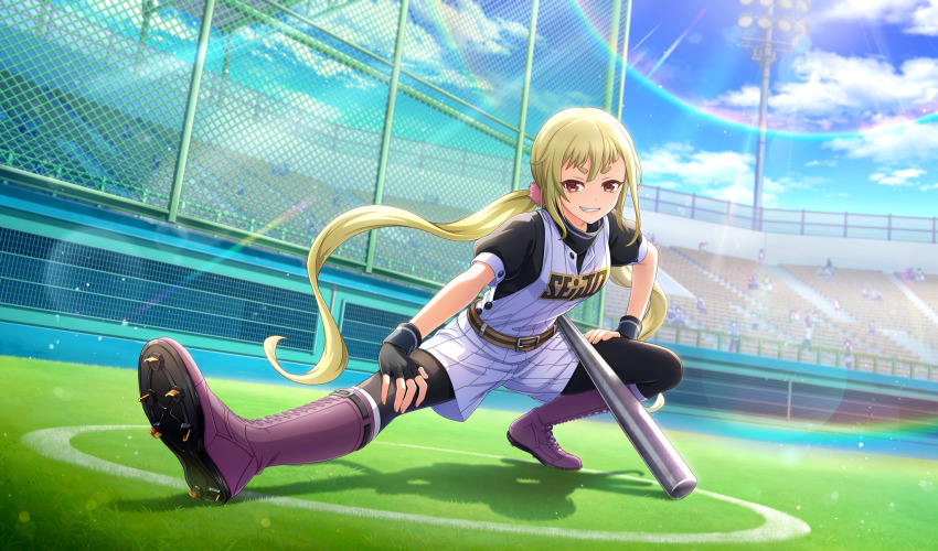 1girl, baseball_bat, baseball_glove, baseball_stadium, belt, belt_buckle, black_gloves, black_pants
