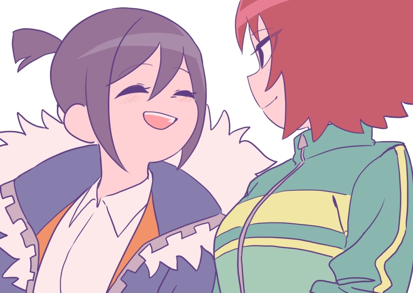 2girls, black_eyes, black_hair, closed_eyes, freckles, fur-trimmed_jacket, fur_trim, green_jacket