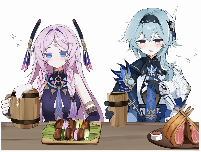 2girls, beer_mug, black_gloves, black_shirt, blue_eyes, blue_hair, blue_necktie, blush, braid, breasts, citlali_(genshin_impact), cup, detached_sleeves, drooling, drunk, eula_(genshin_impact), facial_mark, forehead_mark, genshin_impact, gloves, highres, holding, holding_cup, jitome, juliet_sleeves, large_breasts, long_hair, long_sleeves, medium_hair, mouth_drool, mug, multiple_girls, necktie, nirako_mona, pink_hair, puffy_sleeves, purple_eyes, shirt, side_braid, sidelocks, vision_(genshin_impact), white_background, wooden_cup
