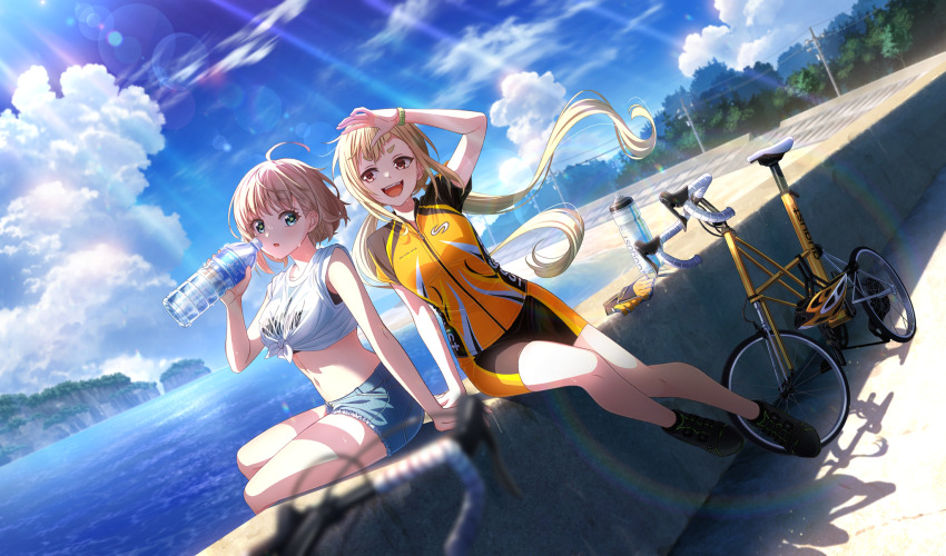 2girls, :d, ahoge, beach, bicycle, black_footwear, blonde_hair, blue_shorts, bottle, cinderella_series, cloud, cumulonimbus_cloud, dutch_angle, game_cg, green_eyes, hachigatsu_no_cinderella_nine, hifumi_yuri, highres, holding, holding_bottle, jacket, lens_flare, light_rays, long_hair, looking_to_the_side, low_twintails, multicolored_jacket, multicolored_shorts, multiple_girls, nishinomiya_arisu, non-web_source, ocean, official_art, open_mouth, outdoors, plastic_bottle, power_lines, red_eyes, shirt, shoes, short_hair, short_sleeves, shorts, sitting, sky, sleeveless, sleeveless_shirt, smile, sneakers, sunbeam, sunlight, sweat, teeth, tied_shirt, track_suit, twintails, upper_teeth_only, utility_pole, white_shirt