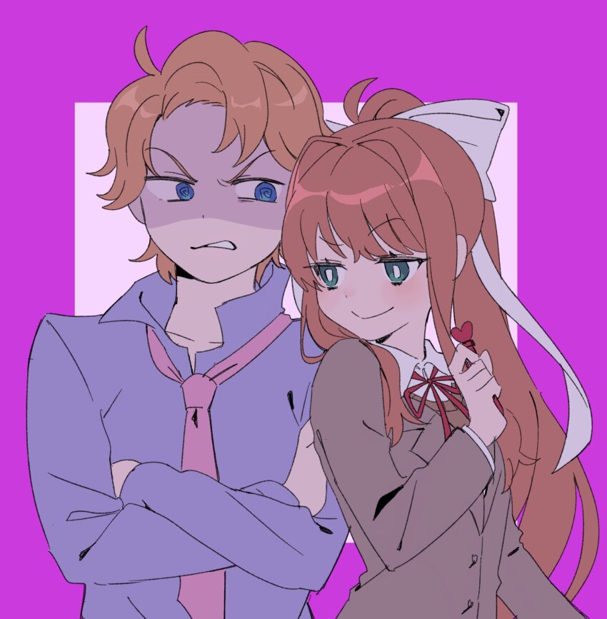 1boy, 1girl, @_@, ahoge, blazer, blonde_hair, blue_eyes, blush