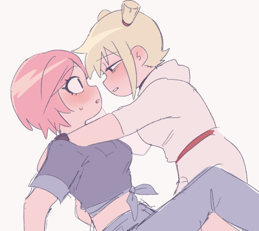 2girls, :o, arms_around_neck, blonde_hair, blush, commentary, eye_contact, flustered, highres, hood, hood_down, looking_at_another, mameo_(mameo6416), midriff, multiple_girls, pants, pink_hair, ramona_flowers, roxie_richter, scott_pilgrim_(series), scott_pilgrim_takes_off, shirt, short_hair, short_twintails, simple_background, sketch, sweatdrop, untranslatable_commentary, tied_shirt, twintails, white_background, wide-eyed, yuri