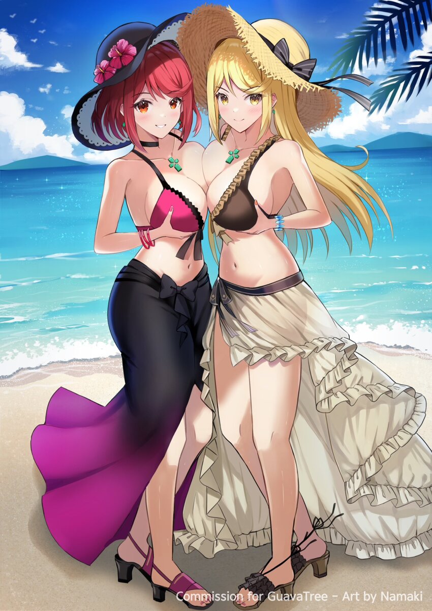 2girls, artist_name, bare_shoulders, beach, bikini, black_bikini, black_sarong, blonde_hair, blue_sky, blush, bow, bracelet, breast_press, breasts, brown_bikini, brown_footwear, brown_sarong, chest_jewel, choker, cleavage, closed_mouth, cloud, cloudy_sky, collarbone, commission, core_crystal_(xenoblade), cosplay, day, dorothea_arnault, dorothea_arnault_(cosplay), dorothea_arnault_(summer), dual_persona, earrings, english_text, female_focus, fire_emblem, fire_emblem:_three_houses, fire_emblem_heroes, floating_earrings, flower, frilled_bikini, frilled_footwear, frilled_sarong, frills, full_body, gem, gradient_sarong, hair_flower, hair_ornament, hat, hat_flower, hibiscus, high_heel_sandals, high_heels, highres, holding, horizon, jewelry, large_breasts, long_hair, looking_at_viewer, matching_hair/eyes, mercedes_von_martritz, mercedes_von_martritz_(cosplay), mercedes_von_martritz_(summer), mountain, multicolored_bikini, multiple_girls, mythra_(xenoblade), nail_polish, namakisama, navel, nintendo, ocean, off-shoulder_bikini, off_shoulder, official_alternate_costume, open_mouth, outdoors, palm_tree, pyra_(xenoblade), red_eyes, red_hair, sand, sandals, sarong, shore, short_hair, sky, smile, sparkle, straw_hat, sun_hat, swept_bangs, swimsuit, symmetrical_docking, toeless_legwear, toenail_polish, toenails, tree, two-tone_bikini, water, xenoblade_chronicles_(series), xenoblade_chronicles_2, yellow_eyes, yuri
