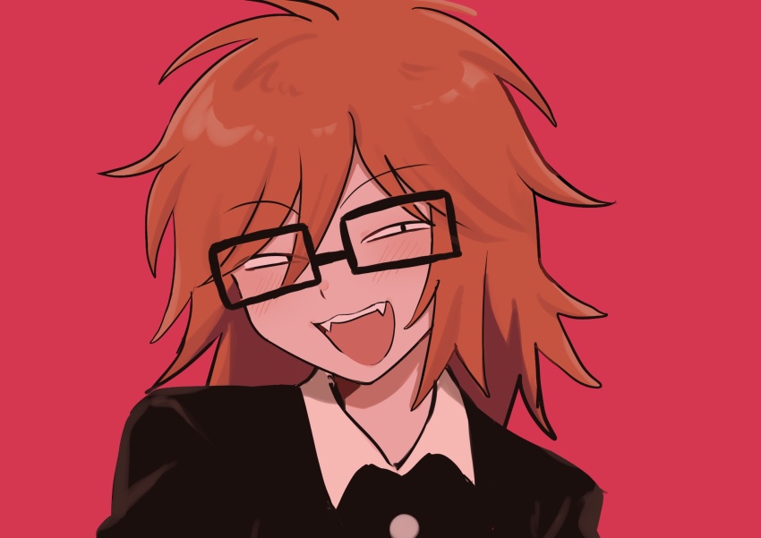 1boy, :3, black_shirt, blush, commentary_request, fangs, glasses, highres
