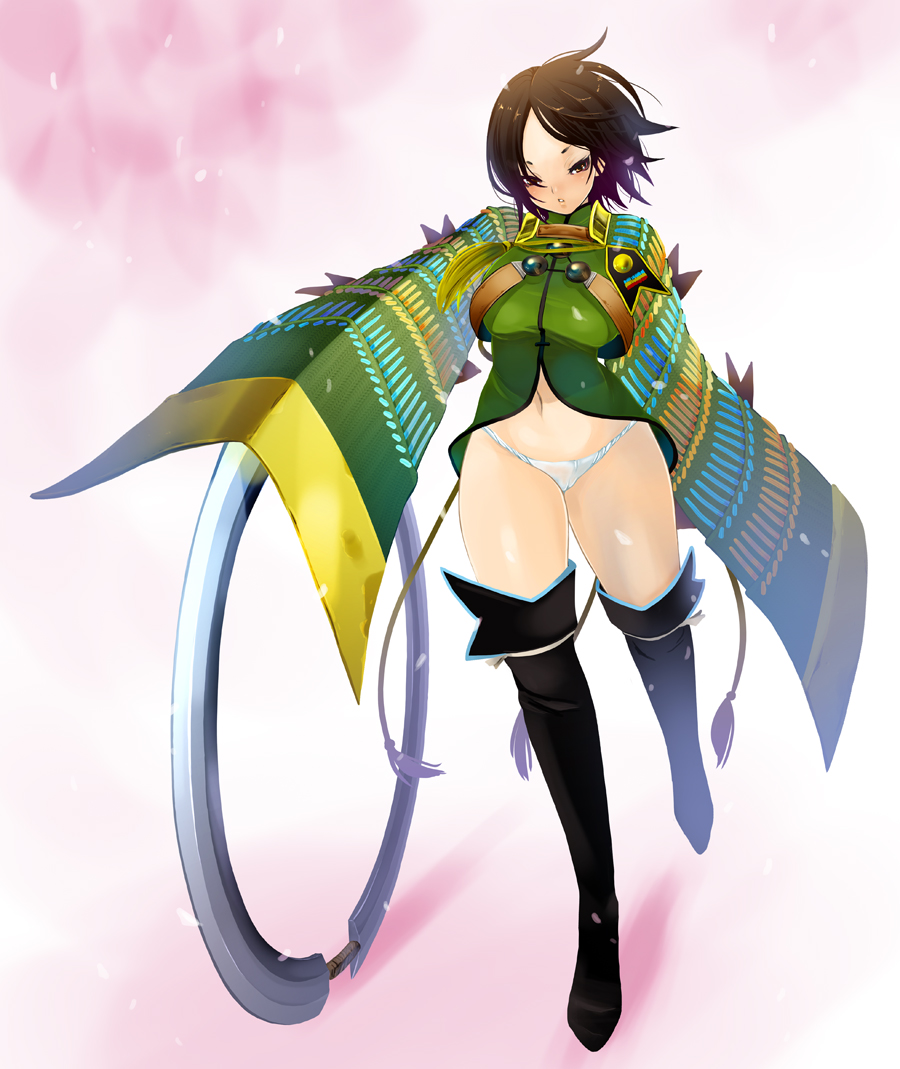 1girl, armor, bad_id, bad_pixiv_id, black_boots, black_hair, black_thighhighs, blush