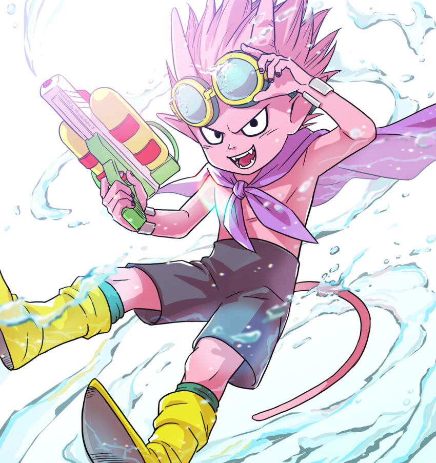 1boy, adjusting_eyewear, aqua_socks, beelzebub_(sand_land), black_eyes, black_nails, black_shorts, boots, bracelet, cape, colored_skin, commentary_request, demon_boy, double_fake, fangs, floating_cape, goggles, goggles_on_head, highres, holding, holding_water_gun, horns, lens_flare, looking_at_viewer, male_focus, open_mouth, pink_hair, pink_skin, pointy_ears, purple_cape, sand_land, short_hair, shorts, silver_bracelet, smile, socks, spiked_hair, tail, water, water_gun, white_background, yellow_boots