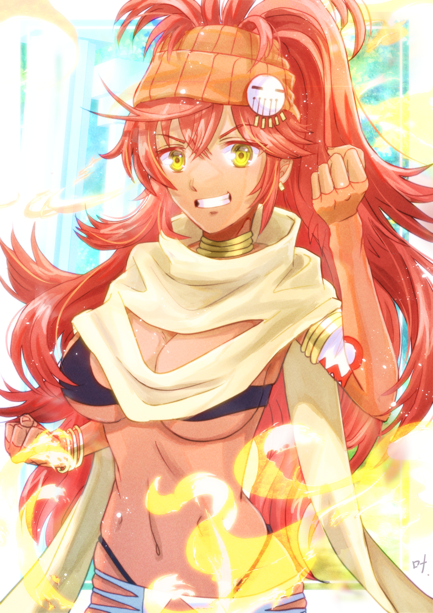 1girl, absurdres, agni_(tonsuki), bracelet, breasts, clenched_hand, dark-skinned_female, dark_skin