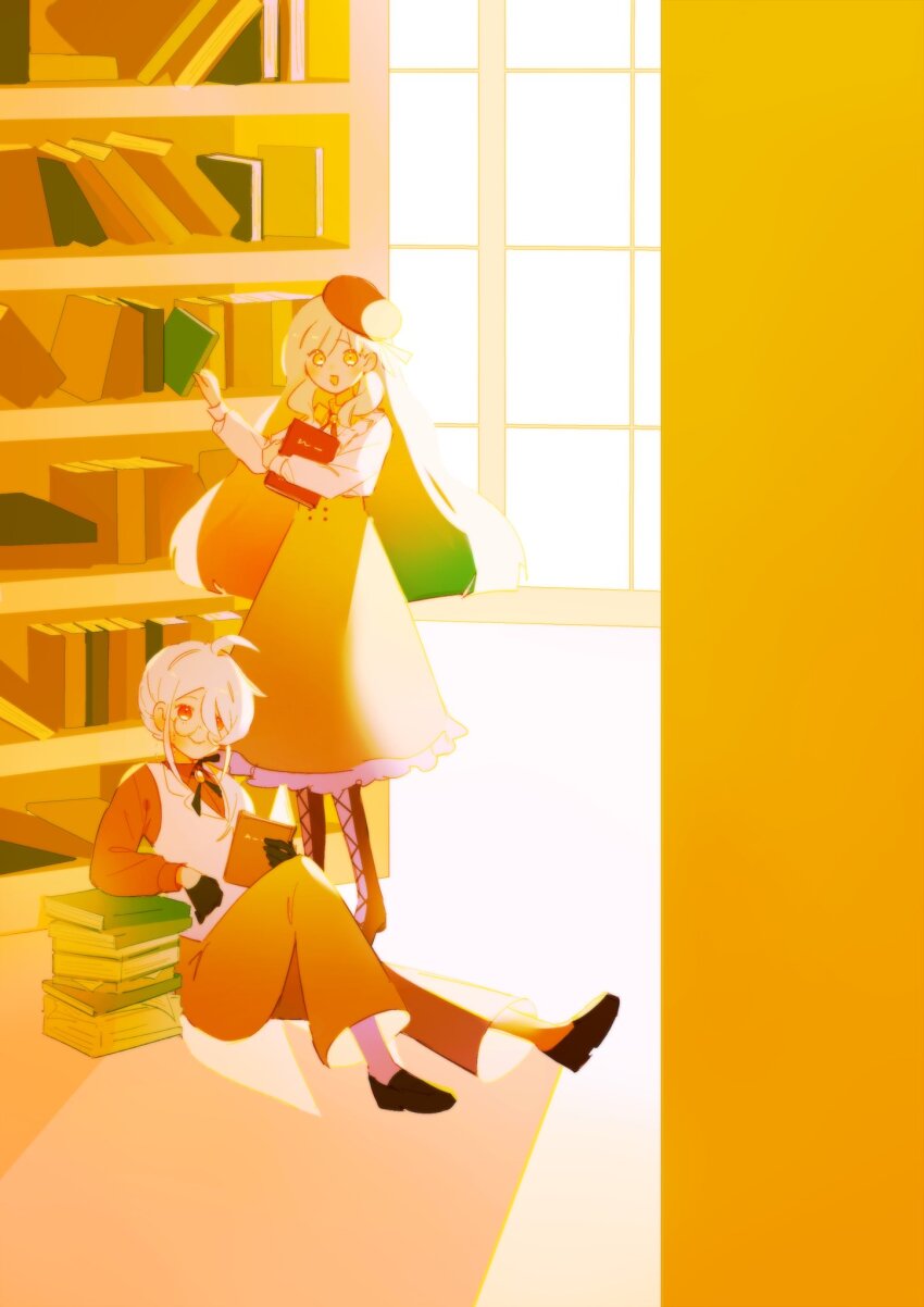 2girls, :d, ahoge, black_footwear, black_pants, black_shirt, blush, book