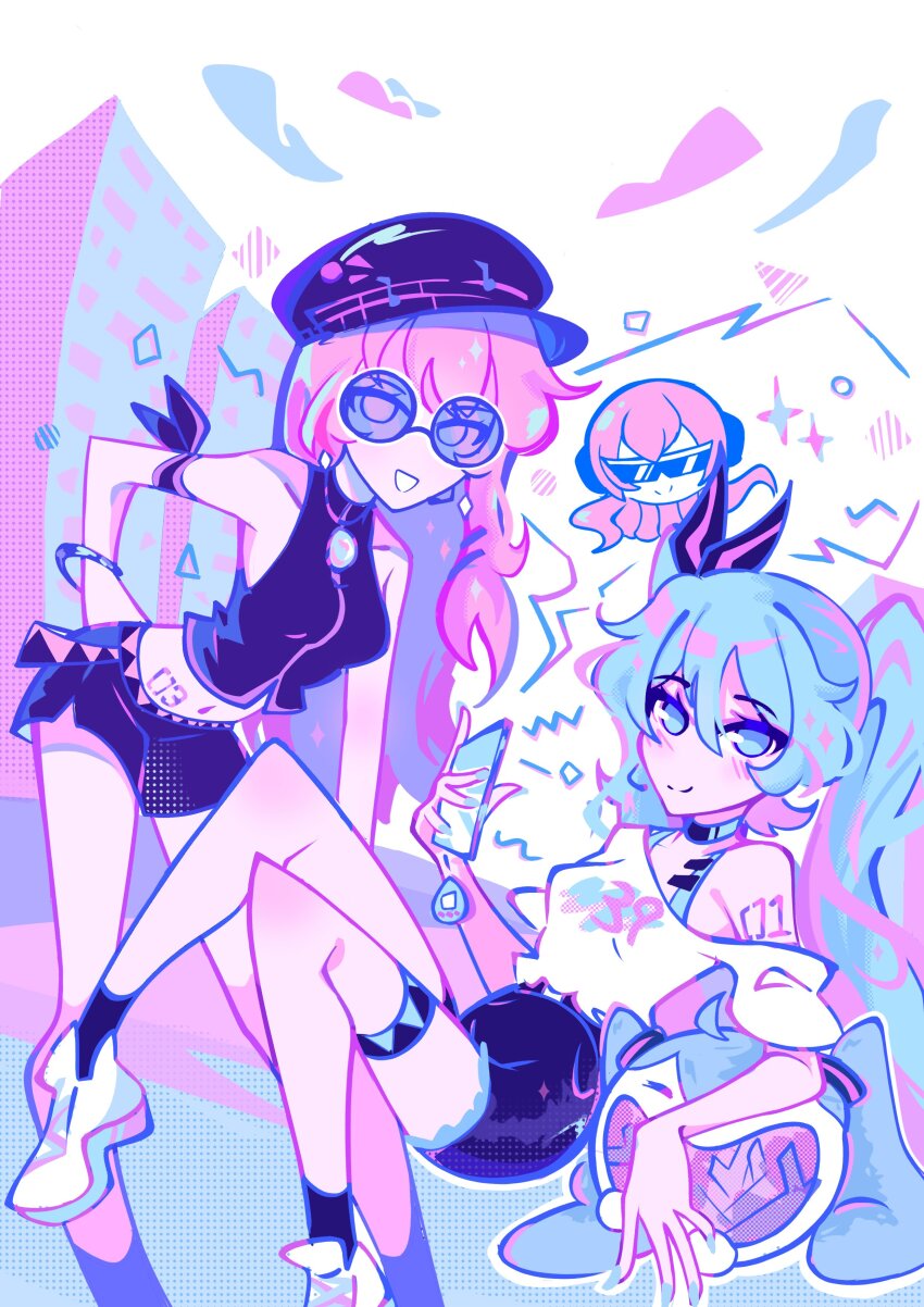 2girls, 39, absurdres, aqua_eyes, aqua_hair, arm_tattoo, black_shorts, black_socks, blush, bracelet, breasts, building, closed_mouth, cloud, commentary, dizzyisdizzy, english_commentary, full_body, galasynth_(vocaloid), grin, hatsune_miku, highres, holding, holding_phone, jewelry, limited_palette, looking_at_viewer, megurine_luka, multiple_girls, number_tattoo, off-shoulder_shirt, off_shoulder, phone, pink_hair, round_eyewear, shirt, shorts, sky, smile, socks, sunglasses, takoluka, tamagotchi_(virtual_pet), tattoo, teeth, twintails, virtual_pet_(toy), vocaloid, white_footwear, white_shirt, white_sky