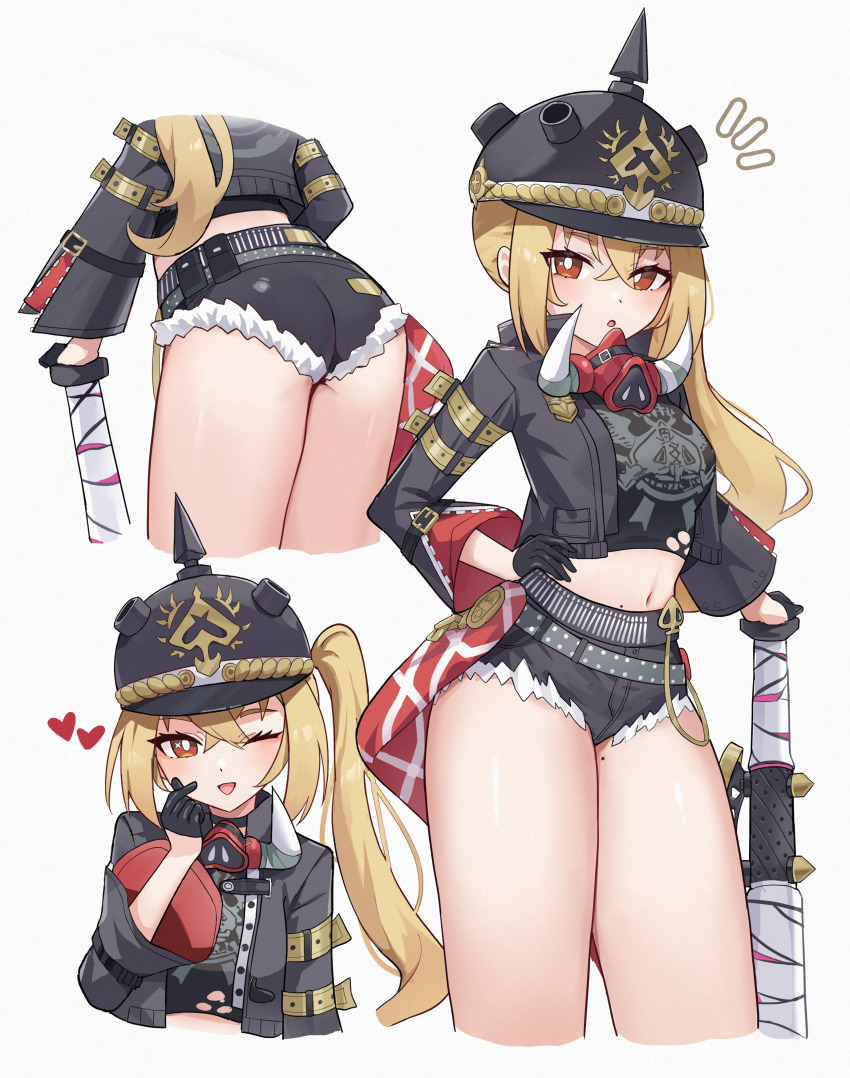 1girl, :o, ;d, absurdres, ass, black_gloves, black_helmet, black_jacket, black_shirt, black_shorts, blonde_hair, bright_pupils, chideno, crop_top, gloves, hand_on_own_hip, hand_up, heart, helmet, highres, jacket, long_hair, long_sleeves, looking_at_viewer, luciana_de_montefio, midriff, mole, mole_on_thigh, multiple_views, navel, one_eye_closed, open_clothes, open_jacket, open_mouth, parted_lips, red_eyes, shirt, short_shorts, shorts, smile, standing, stomach, thighs, white_pupils, zenless_zone_zero
