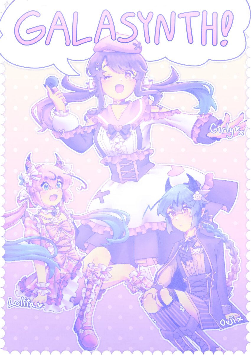 1girl, 2others, ;d, absurdres, adricheri, asymmetrical_sleeves, beret, blue_eyes