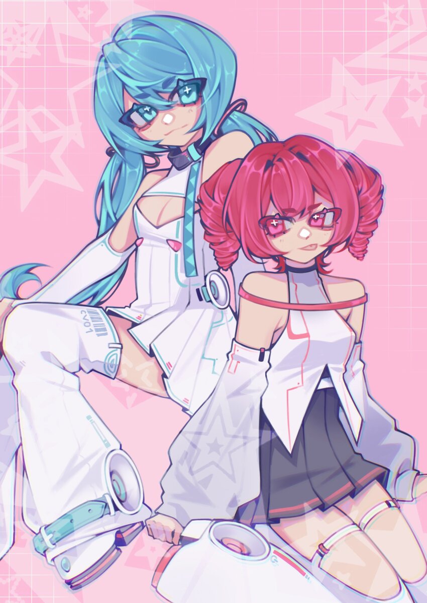 2girls, absurdres, aqua_eyes, aqua_hair, barcode, black_skirt, breasts, cleavage, commentary, cyber_fashion, detached_sleeves, dress, english_commentary, galasynth_(vocaloid), grid, hair_between_eyes, hair_intakes, hatsune_miku, highres, kasane_teto, kneeling, long_sleeves, low_twintails, maty_(sesamii.seed), multiple_girls, pink_background, pleated_skirt, red_eyes, red_hair, shirt, sitting, skirt, sleeves_past_wrists, speaker, star_(symbol), tongue, tongue_out, twintails, utau, vocaloid, white_dress, white_footwear, white_shirt, white_sleeves