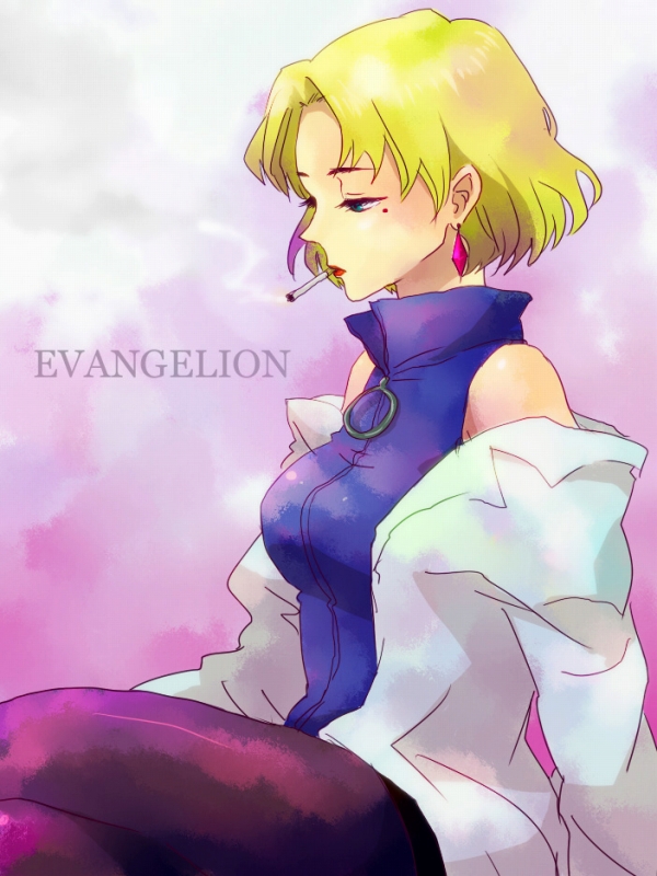 1girl, akagi_ritsuko, bad_id, bad_pixiv_id, blonde_hair, breasts, cigarette, crossed_legs