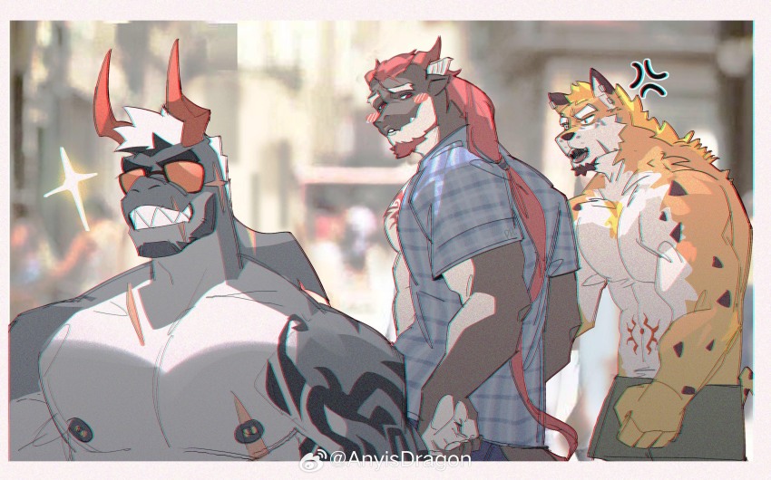 3boys, absurdres, animal_ears, bara, beard, blush, distracted_boyfriend_(meme), dragon_(any)