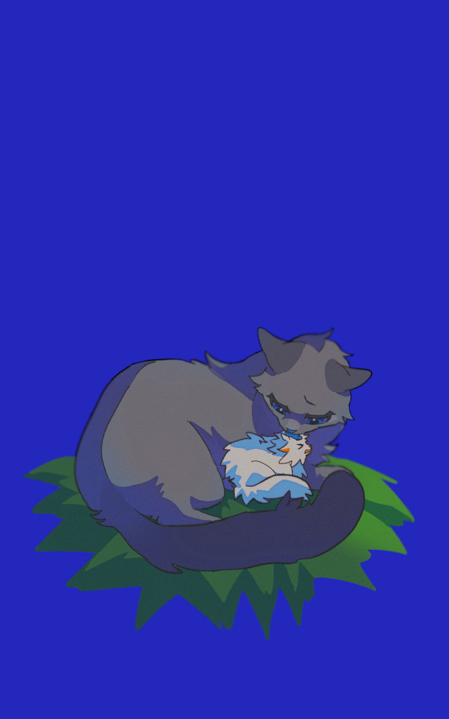 >_<, animal, animal_focus, baby_animal, blue_background, blue_eyes, bluestar_(warrior_cats), cat, commentary, curled_up, family_bonding, grass, highres, kitten, licking, licking_another's_face, looking_at_another, minamia23, mosskit, mother_and_child, no_humans, open_mouth, parent_and_child, simple_background, tail, the_prophecies_begin, warrior_cats
