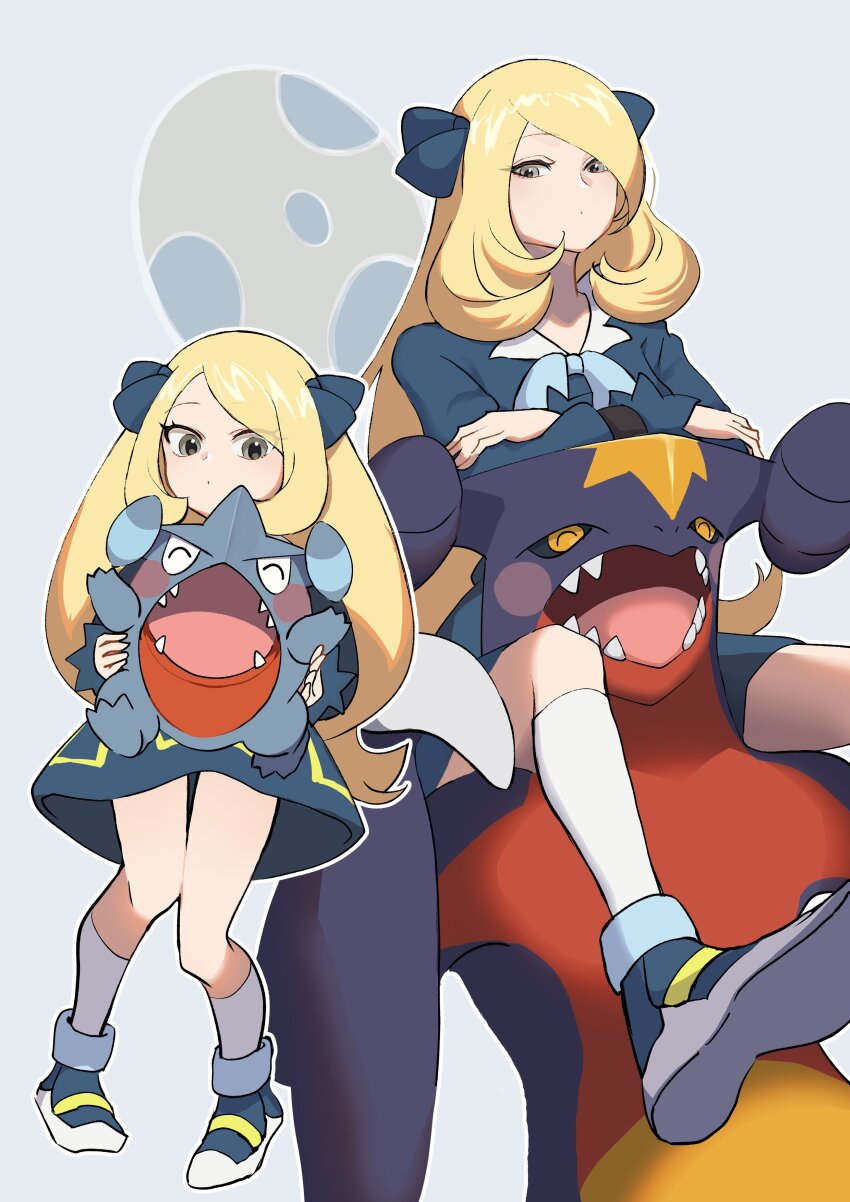 1girl, absurdres, age_comparison, age_progression, aged_down, alternate_costume, blonde_hair, blue_ribbon, blush, bow, breasts, child, closed_mouth, commentary_request, cynthia_(pokemon), dress, dual_persona, egg, evolutionary_line, garchomp, gen_4_pokemon, gible, grey_eyes, hair_ornament, hair_over_one_eye, hair_ribbon, highres, holding, infantilism, long_hair, looking_at_viewer, mijukuma, nintendo, official_alternate_costume, open_mouth, pokemon, pokemon_(anime), pokemon_(creature), pokemon_egg, pokemon_jn122, pokemon_journeys, ribbon, simple_background, smile, time_paradox, very_long_hair