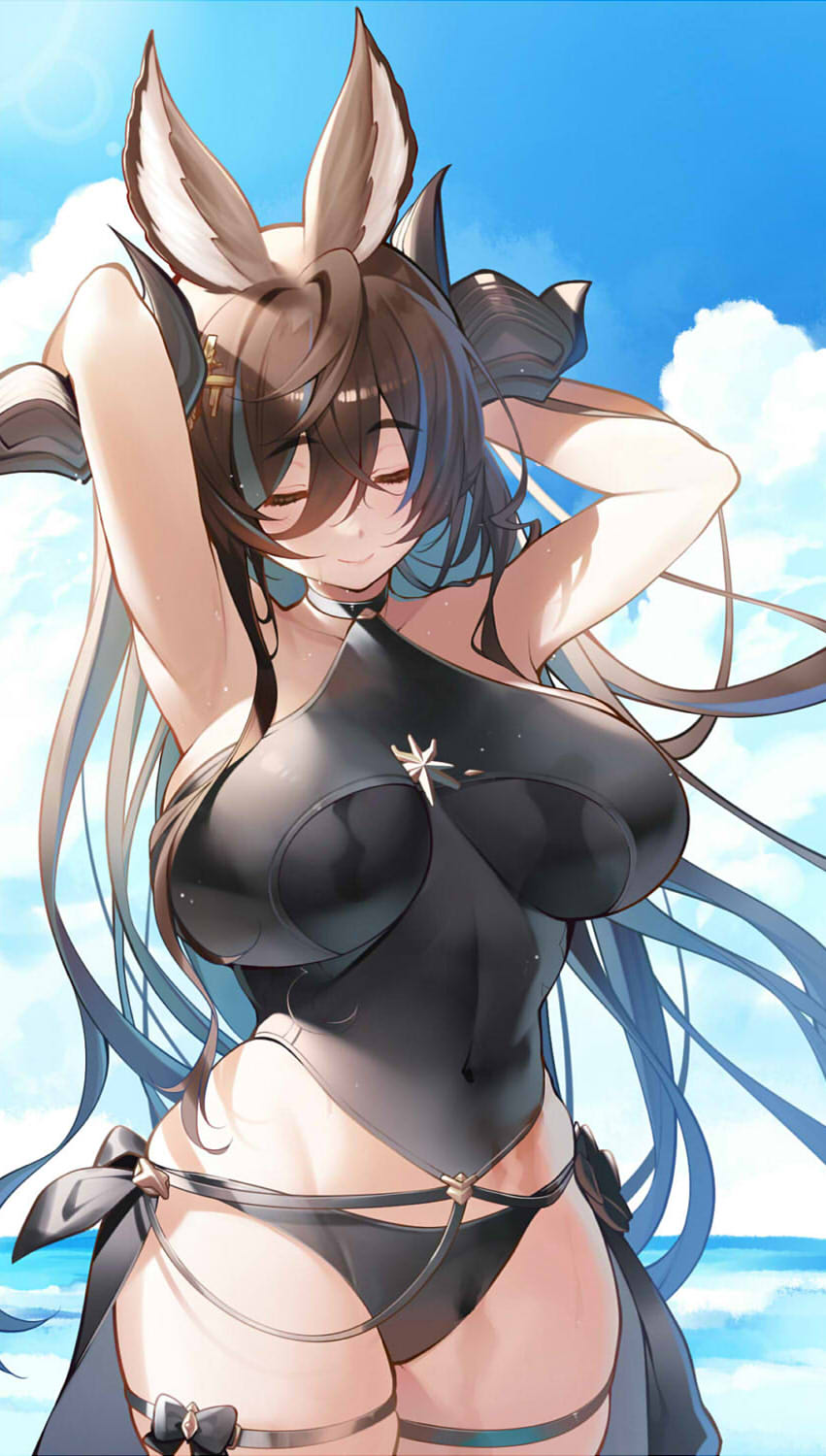 1girl, animal_ears, armpits, arms_behind_head, bikini, black_bikini, black_horns, blue_sky