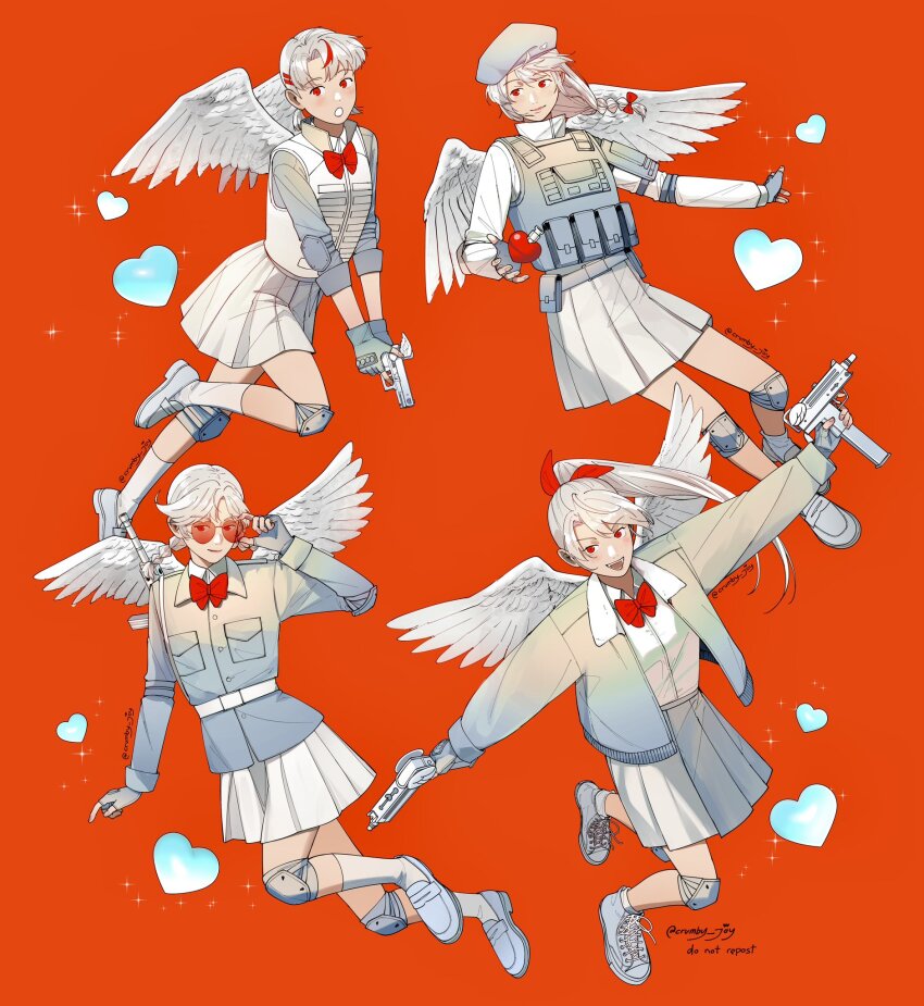 4girls, angel_wings, beret, blue_gloves, blue_shirt, bow, bowtie, braid, bulletproof_vest, chiyo_(love-bullet), crumby_joy, cupid, dual_wielding, ena_(love-bullet), explosive, feathered_wings, fingerless_gloves, gloves, grenade, gun, hair_bow, hair_ornament, hairclip, handgun, hat, heart, heart-shaped_eyewear, highres, holding, holding_grenade, holding_gun, holding_weapon, jacket, kanna_(love-bullet), knee_pads, koharu_(love-bullet), long_hair, looking_at_viewer, love-bullet, medium_hair, multicolored_hair, multiple_girls, open_clothes, open_jacket, pleated_skirt, ponytail, red_background, red_bow, red_bowtie, red_eyes, red_hair, shirt, short_twintails, simple_background, single_braid, skirt, streaked_hair, submachine_gun, twintails, twitter_username, weapon, white_hair, white_shirt, white_skirt, wings