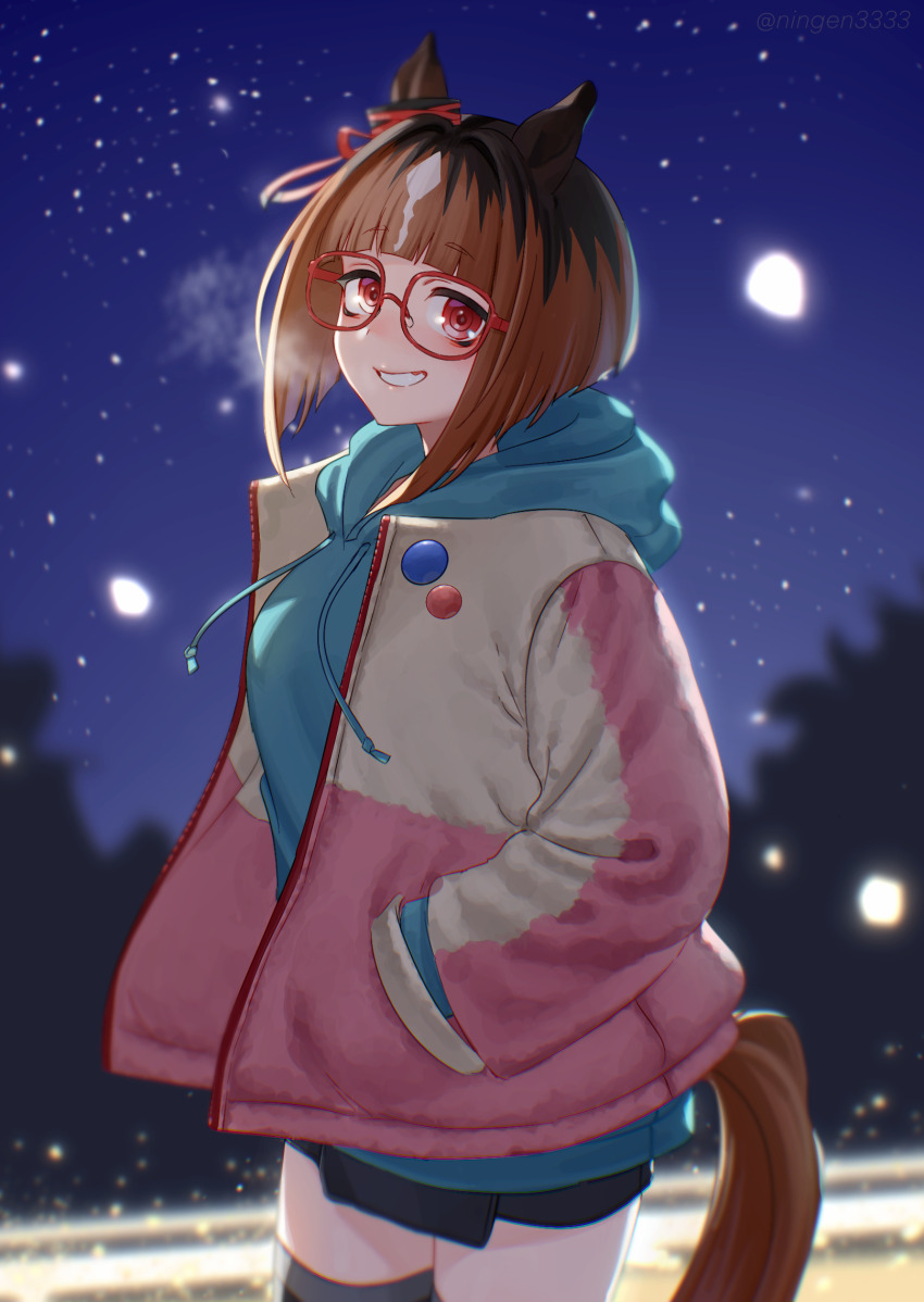 1girl, animal_ears, badge, blue_hood, blurry, blurry_background, breasts, breath