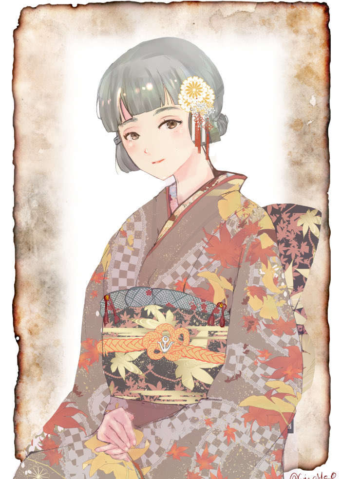 1girl, alternate_costume, black_hair, black_sash, brown_eyes, checkered_clothes, checkered_kimono, commentary_request