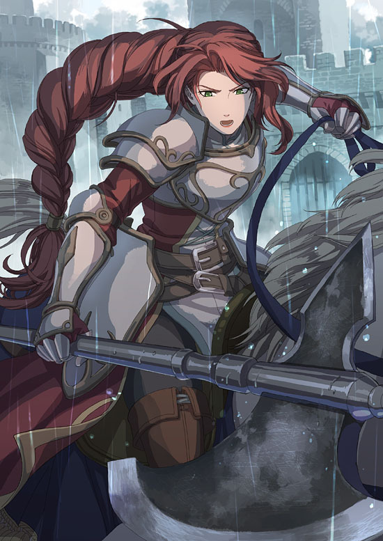 1girl, armor, axe, battle_axe, braid, commentary, donta30303, fire_emblem, fire_emblem:_path_of_radiance, green_eyes, holding, holding_axe, holding_weapon, horse, horseback_riding, long_hair, low-tied_long_hair, nintendo, rain, red_hair, riding, solo, titania_(fire_emblem), weapon