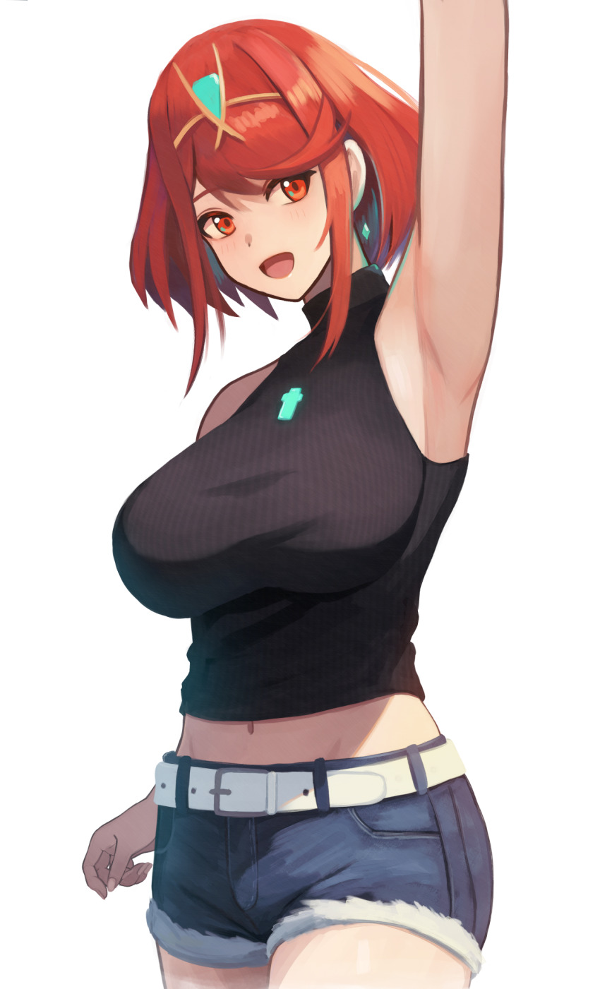 1girl, :d, alternate_costume, arm_up, armpits, bare_shoulders, belt, blue_shorts