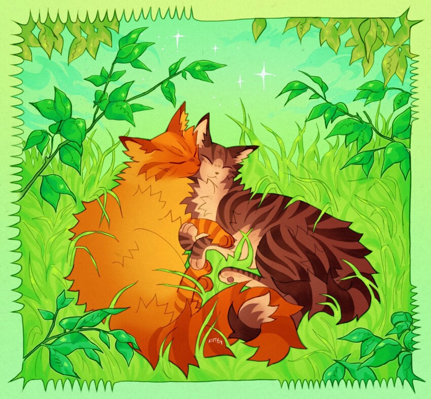 animal, animal_focus, border, brown_cat, cat, closed_eyes, commentary, full_body, grass, green_border, green_theme, highres, kitty_(fernwhisker), leaf, leafpool, lying, mothwing, no_humans, outdoors, sleeping, sparkle, untranslatable_commentary, tail, the_new_prophecy, warrior_cats, yellow_cat