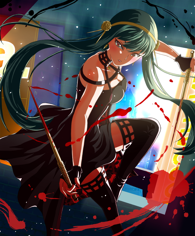 1girl, at_kiwi, black_boots, black_dress, black_hair, blood, boots, breasts