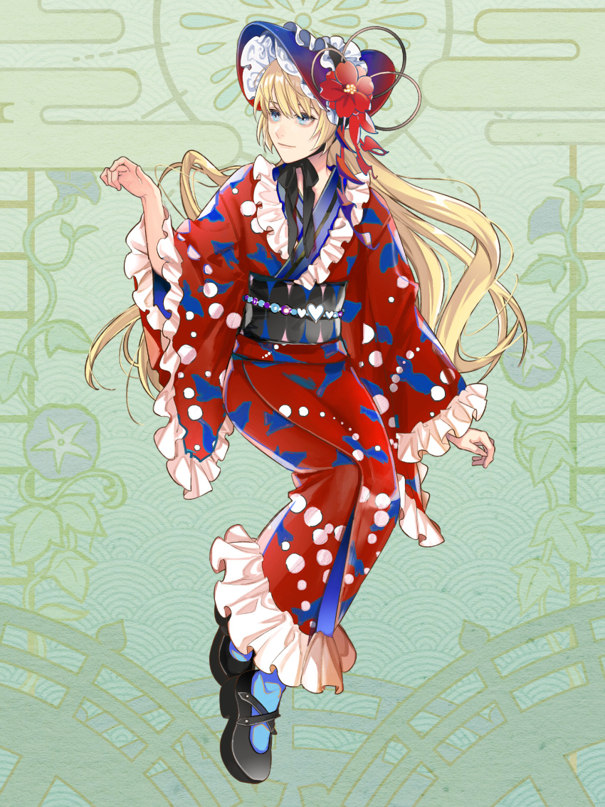 1girl, black_footwear, blonde_hair, blue_eyes, blue_socks, bonnet, dairoku_ryouhei, flower