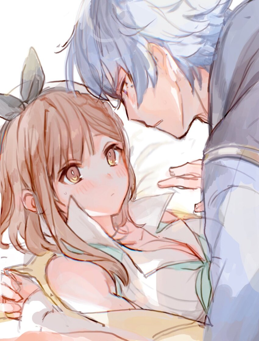 1boy, 1girl, atelier_(series), atelier_ryza, atelier_ryza_2, beret, blue_hair, blush