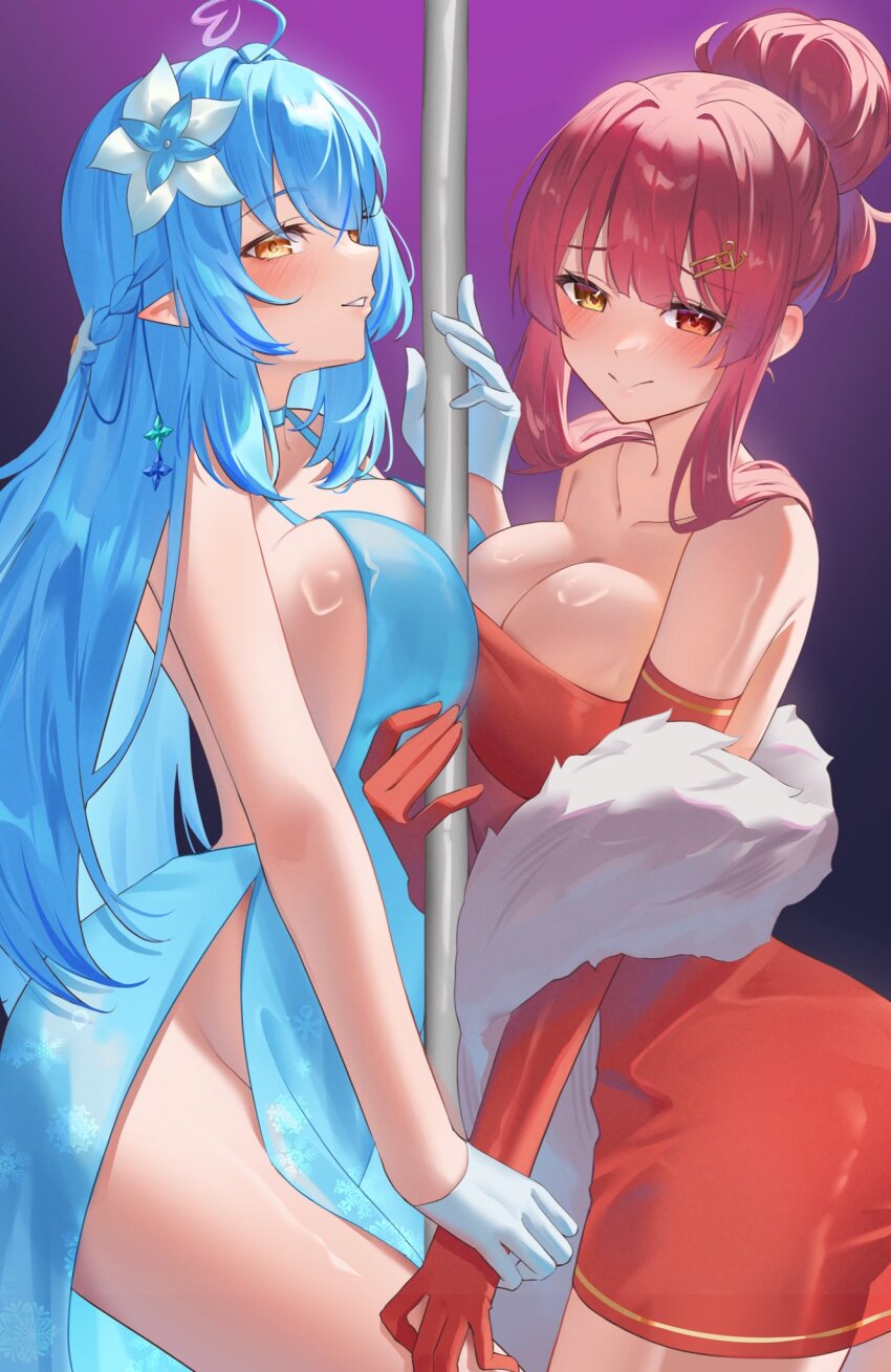 2girls, ahoge, alternate_costume, bare_shoulders, blue_dress, blush, breasts, cleavage