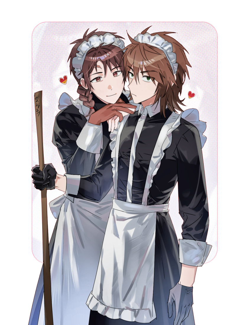 2boys, alternate_costume, apron, black_dress, black_gloves, braid, brown_eyes, brown_hair
