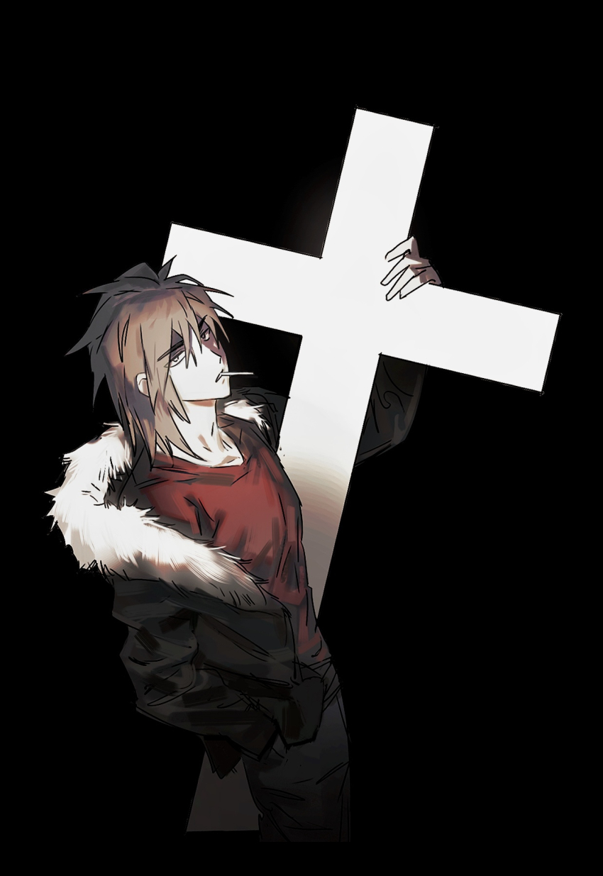 1boy, alternate_eye_color, black_background, black_jacket, black_pants, brown_hair, cropped_legs, cross