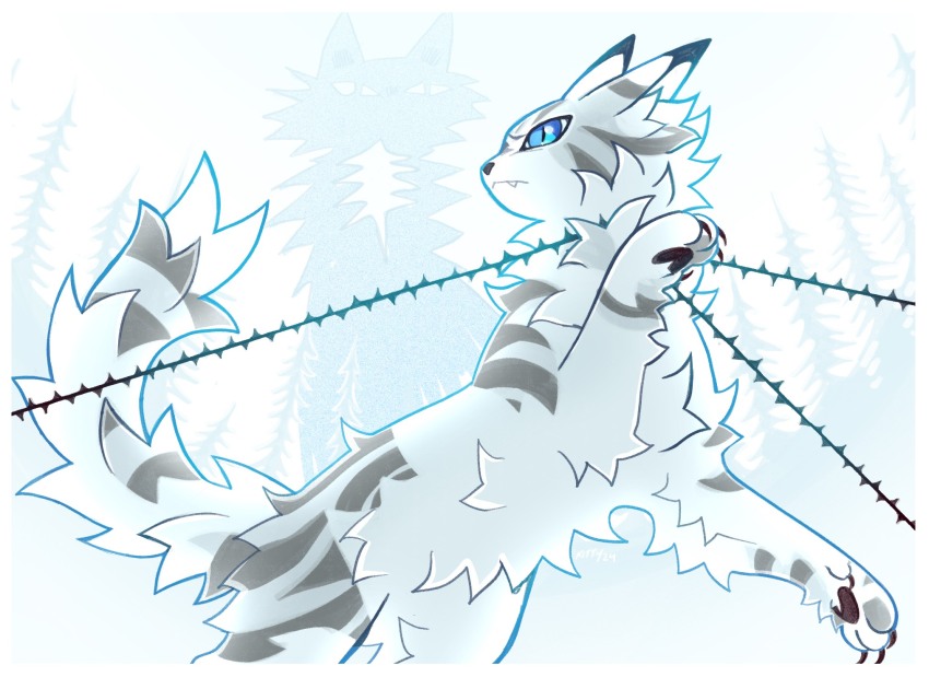 animal, animal_focus, blue_eyes, border, bound, claws, closed_mouth, commentary