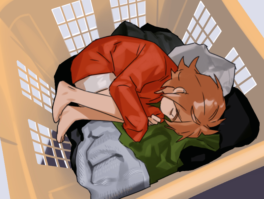1boy, barefoot, basket, brown_hair, closed_eyes, colored_eyelashes, fetal_position, in_basket