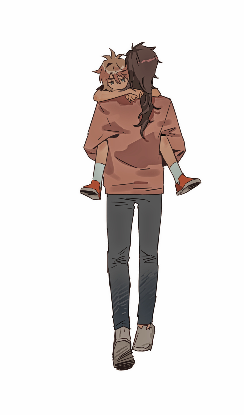 2boys, absurdres, black_pants, brown_hair, carrying, carrying_person, child, full_body