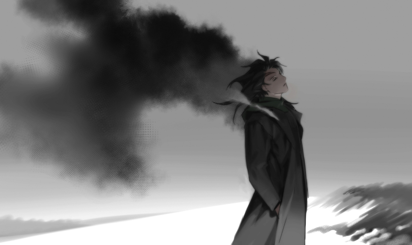 1boy, black_coat, black_hair, black_shirt, closed_eyes, closed_mouth, coat, cowboy_shot